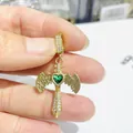 Golden sword heart necklace with green stone and micro-p鑲ed wings zircon pendant - Golden Green Heart Cross