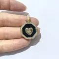 Macro shot of gold octagonal pendant with black enamel heart and cubic zirconia stones - Octagon Style / Golden Octagon Heart Style (Gold 4)