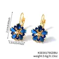 Detailsicht der blauen Zirkon-Ohrringe mit Hebelverschluss und Produktabmessungen - Gold Königsblau