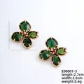 Elegant gold flower earrings with deep green water-drop zircons and beaded edge - Gold and Army Green (E00001-5)