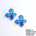 Elegant silver flower stud earrings with deep blue faceted petals and white zircon - Silver and Dark Blue (E00001-9)