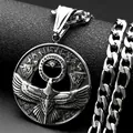 Vintage silver eagle pendant necklace with Norse runes and curb chain in retro style - Silver
