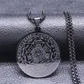 Collier avec pendentif Sceau des Sept Archanges en acier inoxydable sur cuir foncé - Noir