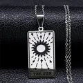 The Sun tarot card necklace in silver stainless steel with engraved sun and star details - The Sun Style / Silver