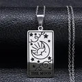Silver stainless steel tarot card necklace featuring The Moon design on black leather - The Moon (THE MOON) / Silver