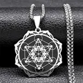 Retro stainless steel necklace with Metatron Cube disc pendant on a black box chain - 50cm / Silver