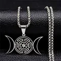 Silver stainless steel triple moon Hecate wheel pendant necklace on black leather background - 60CM / Silver