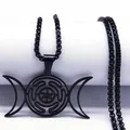 Matte black stainless steel necklace with Hecate's Wheel triple moon labyrinth pendant - 60CM / Black
