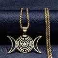 Golden Hecate's Wheel necklace with Triple Moon pendant on a steel box chain - 60CM / Gold
