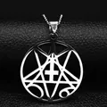 Close-up of silver steel pendant with pentagram and 666 engraving on black leather - 50cm / Silver