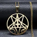 Gold stainless steel necklace with hollow pentagram inverted cross and 666 pendant detail - 50cm / Gold