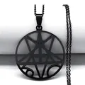 Black stainless steel necklace featuring a hollow round pendant with inverted pentagram design - 50cm / Black