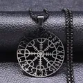 Detail of Viking Vegvisir compass pendant with hollow rune circle on leather background - Black