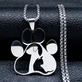 Polished silver pet paw necklace with cat and dog silhouettes on black leather - Silver