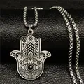 Vintage Hamsa Hand necklace with evil eye engraving on stainless steel pendant - Silver