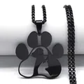Close-up of black box chain necklace with a hollow paw print cat and dog silhouette pendant - Black