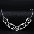 Stainless steel moon phase and pentagram pendant on a black leather background - 50cm / Silver
