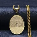 Ovale goldene Edelstahlkette mit Vaterunser und Kreuz auf schwarzem Lederhintergrund - Gold