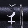Polished stainless steel Lilith moon cross pendant necklace on a black leather background - Silver