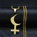 Close-up of golden crescent moon and cross pendant on a bead chain necklace - Gold