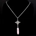Celtic knot necklace with a light pink hexagonal crystal pendant on a black bust - Pink