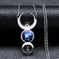 Polished stainless steel triple moon goddess necklace with blue nebula glass pendant - Standard Long Style / Silver