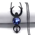 Macro shot of Triple Moon Goddess necklace with blue nebula glass pendant and black chain - Standard Long Style / Black
