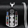 Saint Benedict medal rectangle pendant with multicolor rhinestones and silver chain necklace - Silver