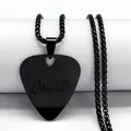Black stainless steel guitar pick necklace with music engraving on a display stand - Black