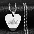 Macro shot of stainless steel guitar pick pendant with Music engraving on black leather - Silver