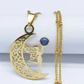 Macro detail of golden crescent moon pendant with intricate hollow fairy and blue bead - 50cm / Gold