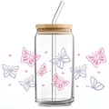 16oz glazen beker met vlinderpatroon, bamboe deksel en rietje voor stijlvolle drank - Roze Paarse Vlinder Hart Stijl (QT735-1)