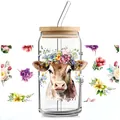 16oz glass can cup with floral cow UV DTF wrap, bamboo lid and glass straw set - Highland Cow Flower Wreath Style (QT753-1)