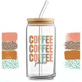 Canette en verre 16oz avec couvercle bambou et paille au design texte café léopard - Bloc Rétro Café (QT752-1)