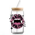 Detail of 16oz glass cup with bamboo lid and pink Halloween vampire lips print - Vampire Pink Lips (QT747-9)