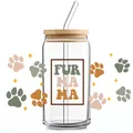 16oz Glas met bamboe deksel en rietje met Fur Ma Ma pootafdruk ontwerp voor huisdieren - Pootafdrukken FUR MAMA Stijl (QT735-3)