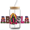 Gobelet en verre 16oz avec couvercle en bambou et paille au design coloré Abuela Guadalupe - Style Design ABUELA (QT765-4)