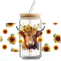 Detailed UV DTF transfer showing highland cow and sunflower art on a 16oz glass can - Highland Cow Sunflower Style (QT753-2)