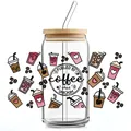 Detail of coffee themed UV DTF transfer on glass cup with bamboo lid and straw - Coffee Theme Badge And Illustration Style (QT742-3)