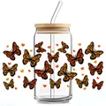 Dettaglio del bicchiere da 16oz con coperchio in bambù e motivi di farfalle arancioni - Cuore di Farfalla Arancione e Nero (QT748-4)