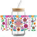 Canette en verre 16oz avec couvercle en bambou et paille au motif floral cafecito - Style Floral Café et Discussion (QT763-1)