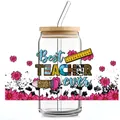 Detail of UV DTF transfer print on 16oz glass cup featuring Best Teacher Ever design - Best Teacher Collage Style (QT749-2)