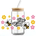 16oz glazen beker met bamboe deksel en rietje met Bee Kind bloemen bijen ontwerp - Bij Bloemen Bee Kind Stijl (QT735-4)