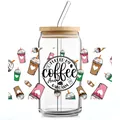 Detail of 16oz glass can cup with Coffee and Sarcasm text, bamboo lid and glass straw - Colorful Cartoon Coffee Cups Wrap Style (QT742-4)
