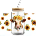 Detail of sunflower cow UV DTF transfer sticker on 16oz glass can with bamboo lid - Cow Flower Wreath Pattern Style (QT753-3)