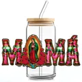 Détail du verre canette 16oz avec motif Mama Guadalupe, couvercle bambou et paille en verre - Style Design MAMÁ (QT765-5)