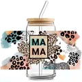 Détail du verre canette 16oz avec motif léopard mama et couvercle en bambou - Thème Mère Léopard (QT752-4)