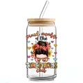Detail of 16oz glass can with Tired Moms Club UV DTF print and bamboo lid - Tired Moms Club (QT747-11)