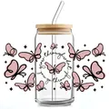 Dettaglio del bicchiere da 16oz con decalcomanie farfalla rosa e citazione ispiratrice per bevande - Citazioni di Farfalla Rosa (QT748-7)