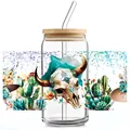Detail view of 16oz can glass with boho skull and floral UV DTF transfer design - Bohemian Bull Skull Style (QT753-4)